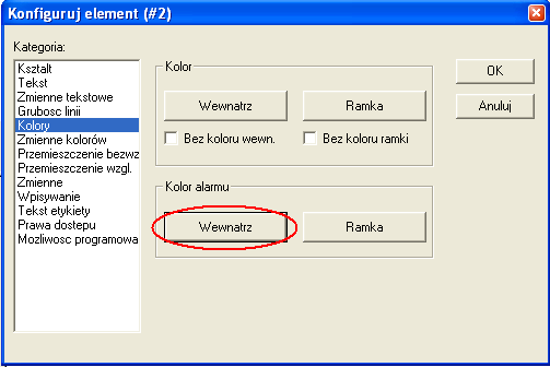 Aby skojarzyć zmienną w programie ze zmienną elementu, należy wybrać kategorię Wpisywanie i zaznaczyć opcję Przełącz zmienną. Po czym w pustym polu należy wpisać PLC_PRG.x1.