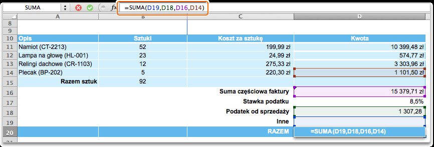 6. Edytowanie formuły Formułę można zmienić, aby obejmowała inne komórki lub używała innej funkcji. Formułę można edytować na pasku formuły lub bezpośrednio w komórce.