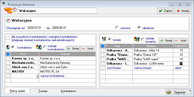 Symfonia Handel 4 / 5 Lista promocji prezentuje informacje o okresie obowiązywania promocji, typie oraz, o tym, czy dana promocja obowiązuje dla wszystkich kontrahentów, czy dla wybranych.