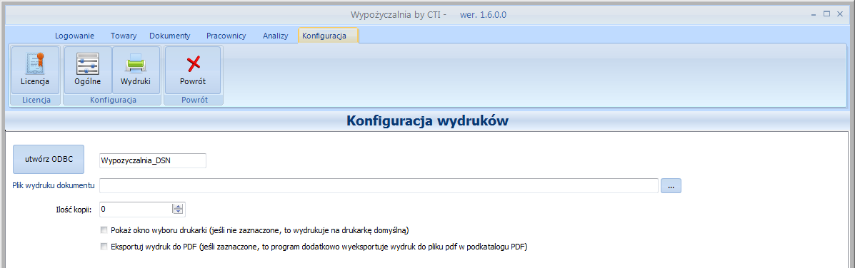 3.3. Wydruki Zakładka Wydruki służy do konfiguracji wydruku, którego można wygenerować z programu: W pierwszej kolejności należy nazwać w polu tekstowym źródło ODBC, a następnie je utworzyć klikając