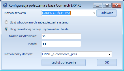 W części Baza MSSQL znajdują się dane do bazy programu podane przy pierwszym uruchomieniu programu. W przypadku potrzeby zmian należy kliknąć Konfiguruj.