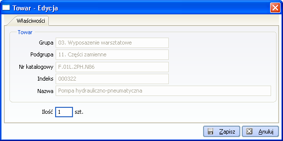 Aby wpisać właściwą ilość danego towaru z wypełnionego wydruku arkusza inwentaryzacyjnego, naleŝy dwukrotnie na nią kliknąć, wyświetli się okno pośrednie z moŝliwością wprowadzenia rzeczywistego