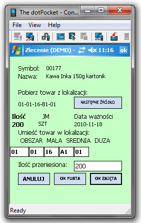 Po zidentyfikowaniu towaru i lokalizacji operacyjnej, system podpowie lokalizację zapasu, z której najlepiej pobrać towar do uzupełnienia oraz jego ilość.