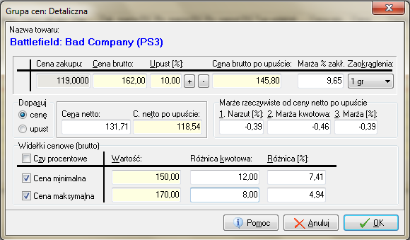 Po naciśnięciu klawisza Edytuj (Enter) na danym lub kliknięciu przycisku Edytuj pojawia się okienko pozwalające na ustalenie dla niego ceny sprzedaży oraz ew.