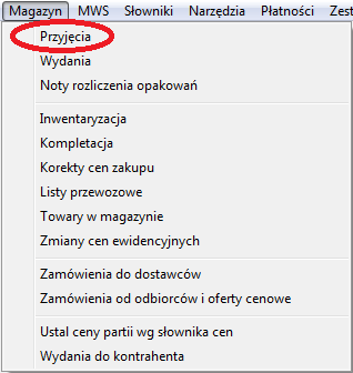 Aby wprowadzić/edytować/przeglądać magazynowe dokumenty przyjęcia należy: - z menu wybrać Magazyn Przyjęcia lub - uaktywnić ikonkę z głównego paska narzędzi (poprzez klikniecie myszką lub naciśnięcie