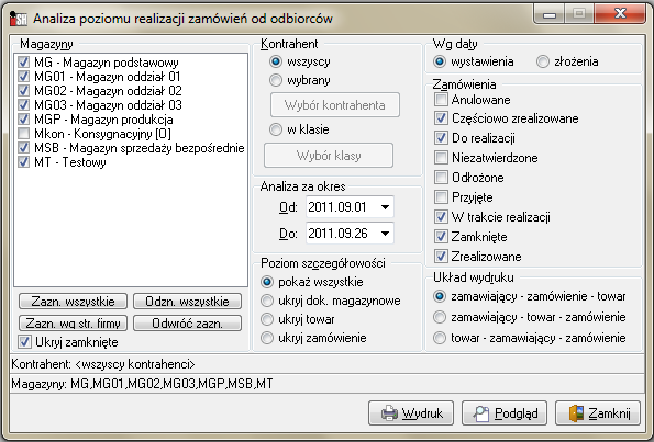 W głównym menu ihurtu wybierając Zestawienia Analizy Analiza poziomu realizacji zamówień mamy do dyspozycji uniwersalne narzędzie pozwalające na analizę realizacji zamówień w różnych układach.