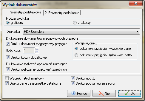 Użytkownik może tutaj określić parametry podstawowe (zakładka 1.): 1. rodzaj wydruku (graficzny lub znakowy w zależności od rodzaju używanej drukarki), 2.