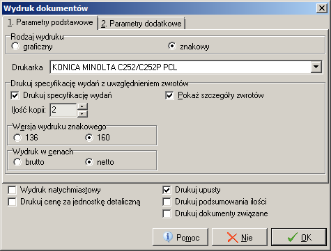 Przed wydrukiem wyświetlane jest okno pozwalające na ustalenie parametrów wydruku, podobne do wyświetlanego przy standardowym wydruku WZ-tki (przykład na rysunku obok).