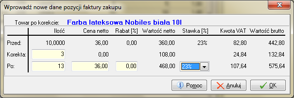 Po wprowadzeniu wszystkich wymaganych danych przechodzimy na zakładkę 2. Pozycje. Wybieramy pozycję wymagającą korekty (np.