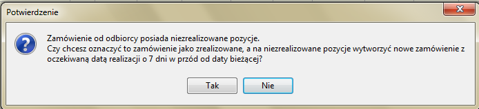 UWAGA: Gdy w dokumencie pozostawimy pozycję skopiowaną z zamówienia, której ilości zamówione różnią się od dostępnego stanu, to nie będzie możliwe jej zrealizowanie w czasie późniejszym