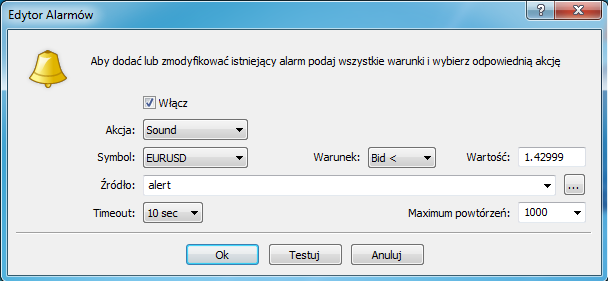 A następnie w oknie, które się pojawi definiujemy poziom ceny, o której chcemy zostad poinformowani i klikamy Ok.