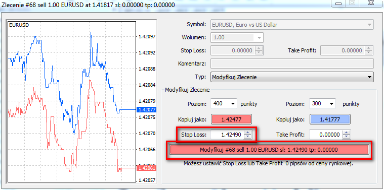 Aby dodad poziom Stop Loss to otwartego wcześniej zlecenia wystarczy kliknąd prawym przyciskiem myszy na to zlecenie w oknie Terminal zakładce Handel i