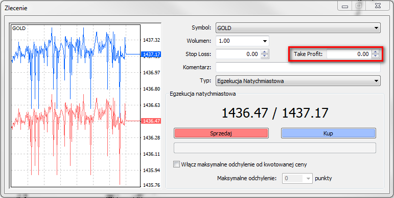 Poprawnie ustawiony poziom Stop Loss widoczny jest w szczegółach otwartego zlecenia w oknie Terminal zakładce Handel w polu S/L.