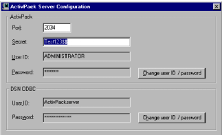 6. Wstępna konfiguracja serwera ActivPack 1/ Uruchamiamy program konfiguracji serwera Programs ActivCard ActivPack ActivPack Server configuration 2/ Ustalamy identyfikator i hasło dostępu do serwera.