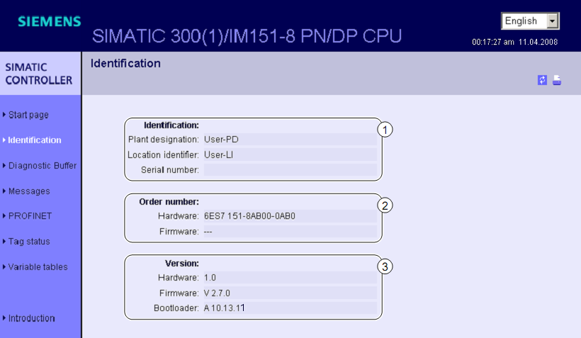 Komunikacja 3.3 Web serwer 3.3.4.2 Identyfikacja Charakterystyka Strona Identyfikacja ("Identification") zawiera dane charakterystyczne modułu interfejsu IM151-8 PN/DP CPU.
