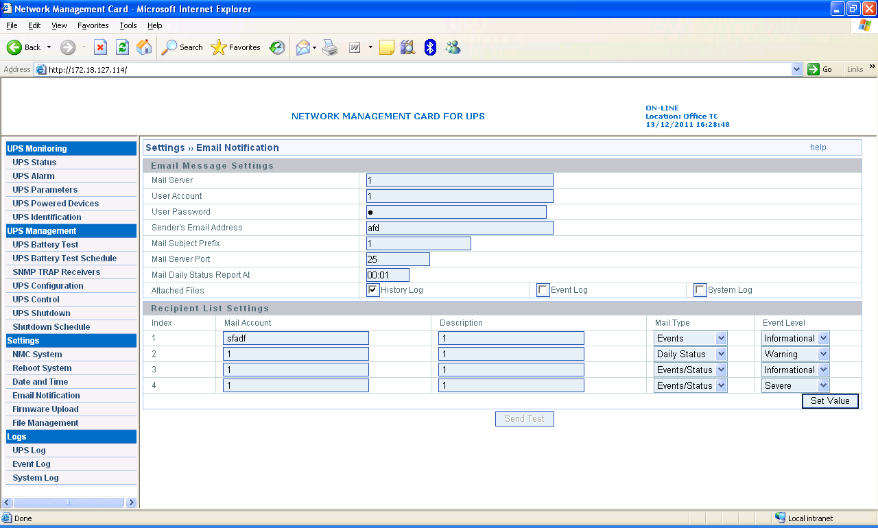 Rys. 3 Menu powiadomień e-mail (Email Notification) Menu ustawień adresatów notyfikacji SNMP (SNMP TRAP Receivers) Menu ustawień adresatów notyfikacji SNMP jest dostępne w zakładce UPS Management