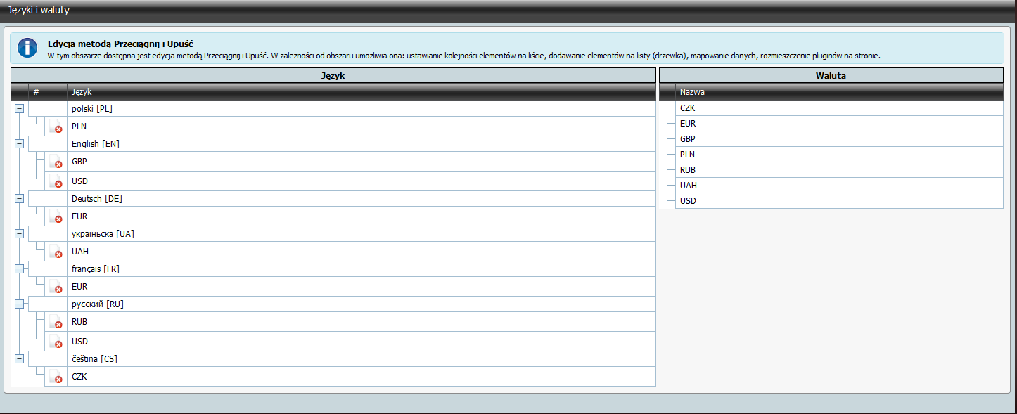 Nowy obszar umożliwia podpięcie dostępnych walut do języków interfejsu przy pomocy metody przeciągnij i upuść.