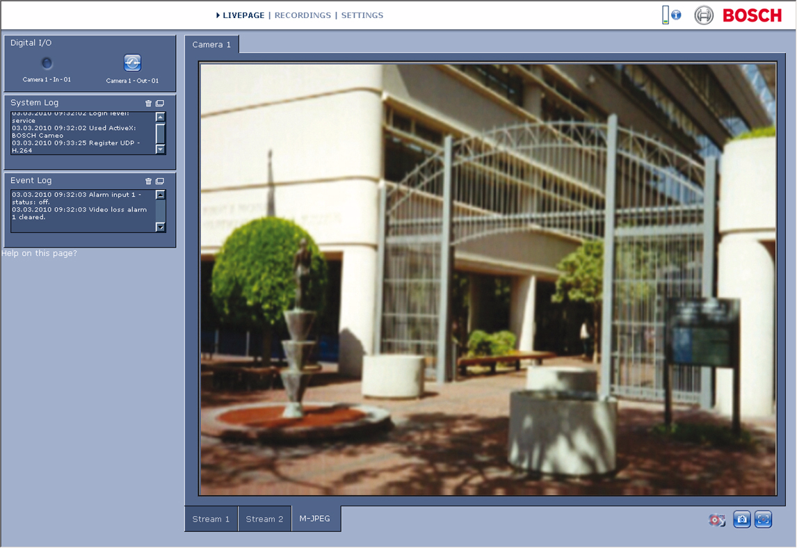Interfejs przeglądarki internetowej kamery Bosch