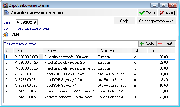 Forte Handel 12 / 14 Lista zapotrzebowań prezentuje informacje o tym, kiedy zostało utworzone dane zapotrzebowanie, przez którego użytkownik oraz dla którego działu.