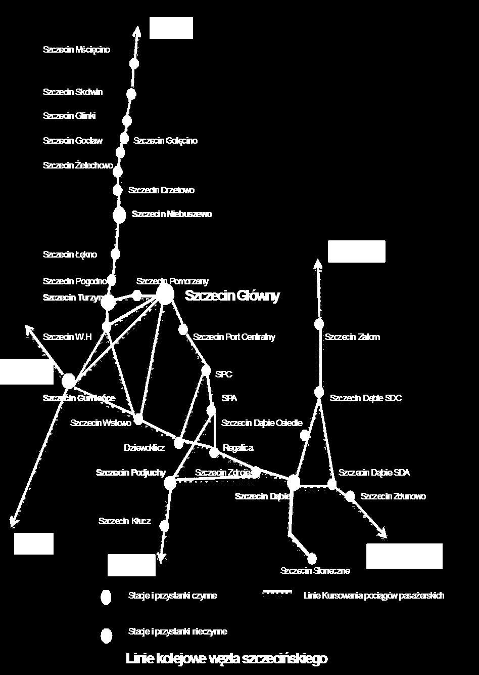 (8 pociągów), Koszalin (3 pociągi), Stargard Szczeciński (6 pociągów), Szczecinek (3 pociągi), Świnoujście (36 pociągów); Położonych na terenie kraju, takich jak: Białystok (3 pociągi), Bielsko-Biała