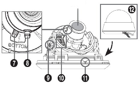 1.Obudowa kamery 2. Wewnętrzna osłona kamery 5. Podstawa mocująca 3. Skrzydełka oporowe 6. Otwór na kable 7. Regulacja zoom 9. Śruba blokująca uchył kamery 11. Wycięcie do pozycjonowania kopuły 8.