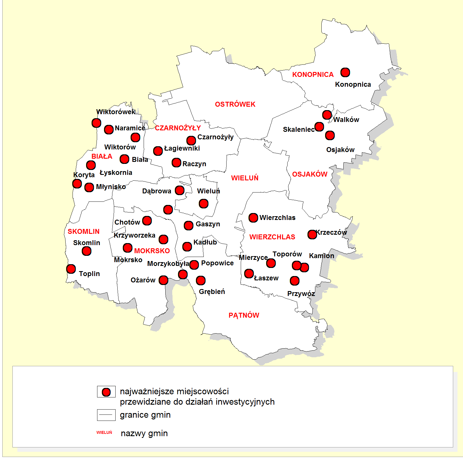 Lokalizacja projektu Projekt realizowany jest w powiecie wieluńskim, we wszystkich gminach: Biała, Czarnożyły, Konopnica, Mokrsko, Osjaków, Pątnów, Skomlin, Gmina
