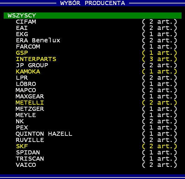 ENTER. Wyszukujemy konkretne towary wciskając skrót klawiszowy CTRL + Zaznaczeni na żółto dostawcy istnieją w naszej bazie.