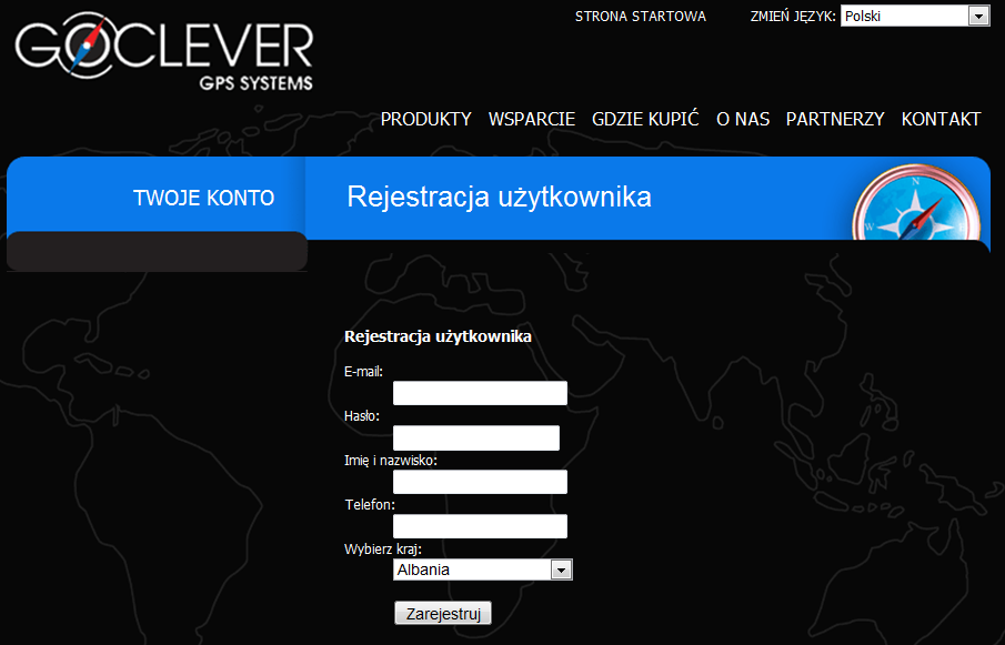 REJESTRACJA UŻYTKOWNIKA I URZĄDZENIA W SYSTEMIE GOCLEVER Jeżeli odczytałeś PIN, DEVICE-ID - ZAREJESTRUJ się jako użytkownik urządzenia GOCLEVER. Po kliknięciu ikony "Rejestracja" na stronie www.