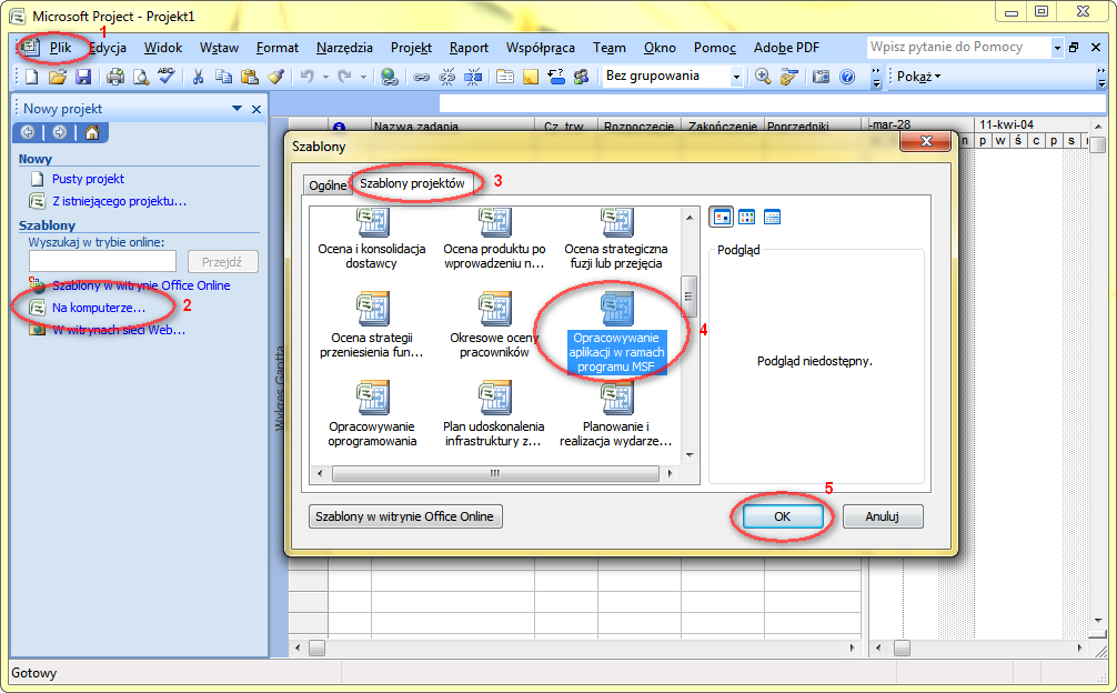 Zadanie 2 Zapoznaj się z widokami i tabelami dostępnymi w programie MS Project. W tym celu utwórz nowy projekt z szablonów zainstalowanych wraz z programem (rys.