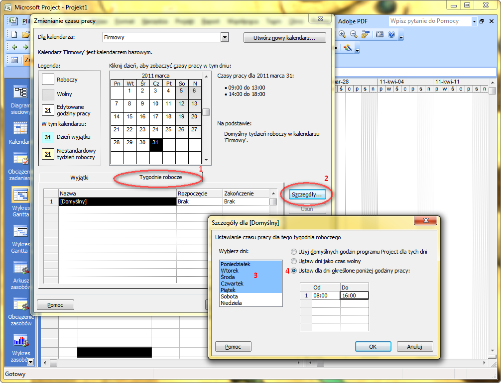 Zadanie 4 Zapoznaj się z zasadami definiowania kalendarzy w programie MS Project.