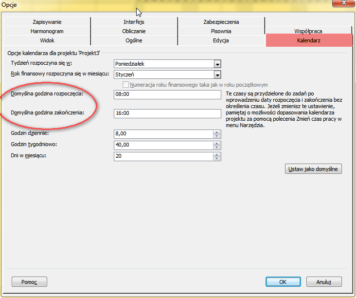 Zadanie 6 Aby nowe zadania były harmonogramowane wg nowego kalendarza przejdź do opcji projektu (Narzędzia Zmień czas pracy przycisk Opcje lub Narzędzia Opcje zakładka Kalendarz) i wprowadź nową