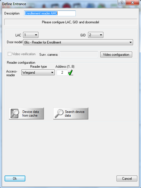 Access Professional Informacje ogólne pl 43 W tym oknie dialogowym można: Wprowadzić opis (np. Enrollment Reader AMC) Wybrać LAC i ID grupy (GID) Wybrać typ czytnika (np.