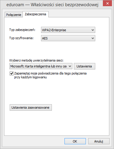 7) Po otrzymaniu komunikatu o pomyślnym dodaniu sieci eduroam wybieramy opcję zmiany ustawień połączenia.