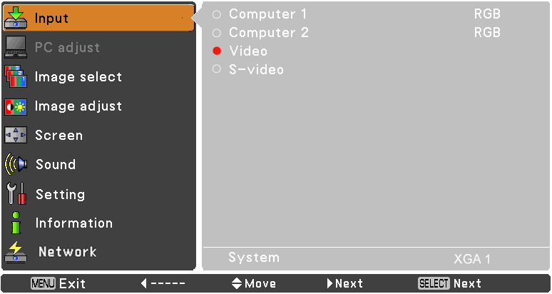 Podstawy obsługi projektora Pasek menu Wykaz wszystkich funkcji dostępnych w menu ekranowym zawarto w podrozdziale Struktura menu na str. 68-69.