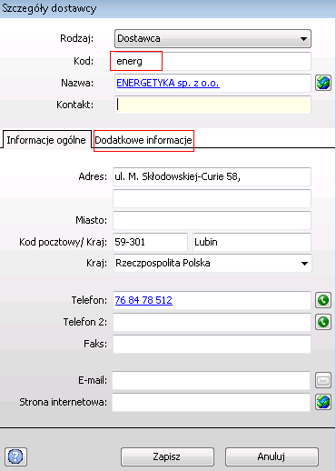 Kod Nazwa Adres Kraj wprowadzić krótką nazwę dostawcy; według kodu odbywa się wybór dostawcy z listy, dlatego nie należy stosować kodów składających się z cyfr.