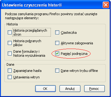 Po wybraniu przycisku Ustawienia pojawia się okno Ustawienia czyszczenia historii, gdzie zaznaczamy możemy pozostawić zaznaczone tylko opcje Pamięć podręczna.