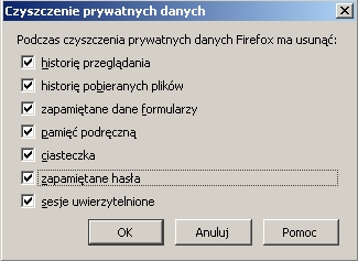 Wprowadzone zmiany należy zaakceptować przyciskiem OK. W opcji Prywatność należy: w sekcji Historia odznaczyć parametry: Pamiętaj strony odwiedzone w ciągu ostatnich.