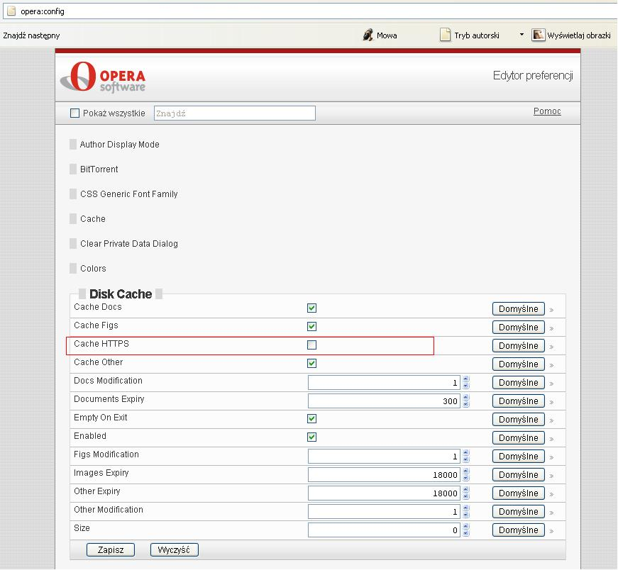 Natomiast po wejściu do Edytora preferencji należy jeszcze sprawdzić ustawienia w części Cache (widoczna jest 3 pozycje powyżej Disk Cache), gdzie znajduje się funkcja odświeżania stron