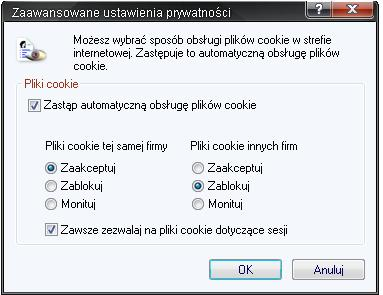 w części Blokowanie wyskakujących okienek należy zaznaczyć opcję Zablokuj wyskakujące okienka, z uwagi na fakt, że w Aplikacjach występują wyskakujące okienka istnieje konieczność zezwolenia na