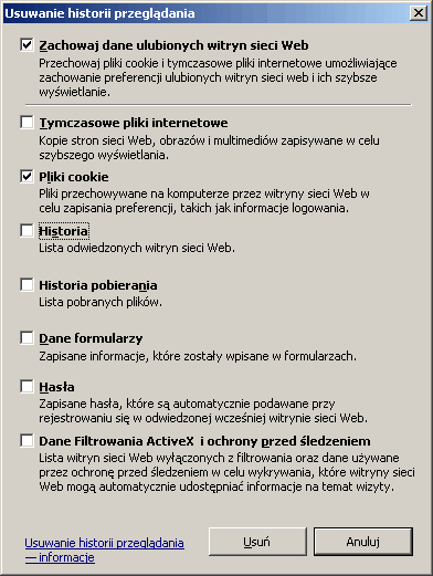 Zaznaczona opcja Zachowaj dane ulubionych witryn sieci Web pozwala na zachowanie danych witryn, które mamy