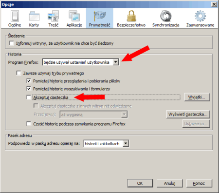 W tym oknie zmieniamy opcje widoczną pod nazwą Program Firefox: którą zmieniamy na będzie używał ustawień użytkownika : Nieco niżej odznaczamy opcję Akceptuj ciasteczka.