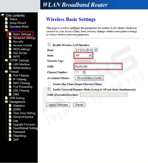 W przypadku routerów bezprzewodowych należy wejść w podstawowe ustawienia sieci bezprzewodowej (Wireless -> Basic Settings).