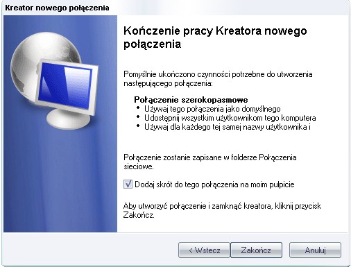 Jeśli zaznaczymy Tylko ja, to wówczas tylko ten użytkownik komputera który jest w tym momencie zalogowany w Windows XP będzie miał dostęp do Internetu - zobacz profile użytkowników w Windows XP.