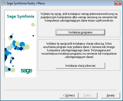 Instalacja programu Sage Symfonia Kadry i Płace 3 Rys. 5 Okno instalatora strona Umowa licencyjna. Na stronie Umowa licencyjna jest udostępniona treść umowy licencyjnej.