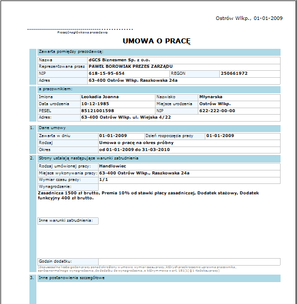 Sporządza dokumenty dotyczące zatrudnienia pracowników m.in.