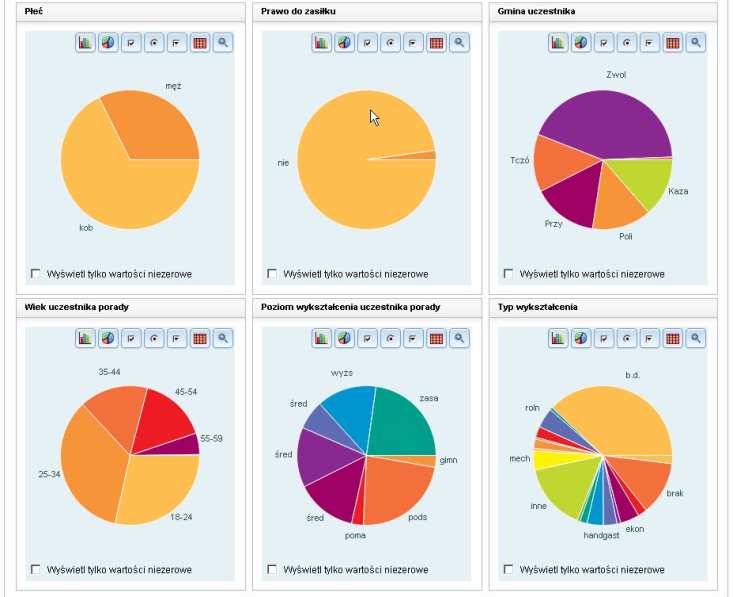 wprowadzenie zawężeń zapytań, dzięki temu możliwe jest badane zagadnienia w różnych przekrojach; przykładowe filtry to: płeć, gmina, prawo do zasiłku itp.