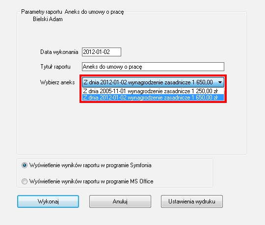 Symfonia Kadry i Płace 2014 12 Raport Aneks do umowy o pracę Do ustawień raportu dodana została lista wyboru Wybierz aneks umożliwiająca wybór umowy, dla której utworzony zostanie aneks.