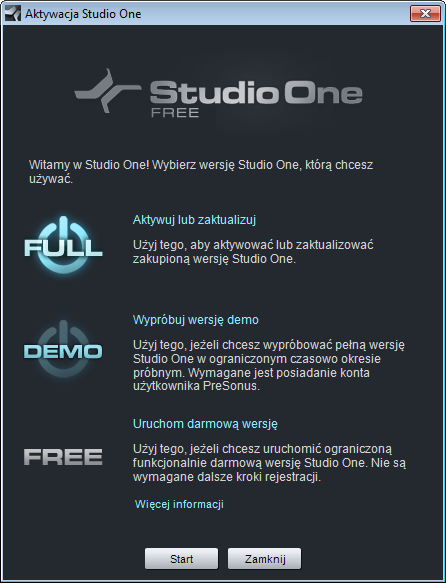 1.1.2 Aktywacja Gdy pierwszy raz uruchamiasz Studi One, t będziesz mógł wybrać jedną z trzech pcji: Run the Free Versin ( Uruchm darmwą wersję w wersji plskiej) Try the Dem Versin ( Wypróbuj wersję