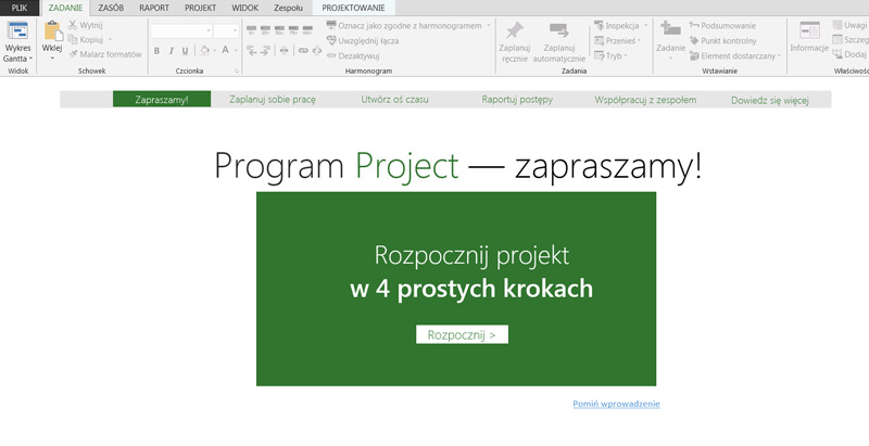 Zamiast pokazywać pusty plik program Project 2013 wprowadza Cię do skonsolidowanego centrum rozpoczynania pracy z projektem. Aby rozpocząć pracę, kliknij pozycję Plik > Nowy.