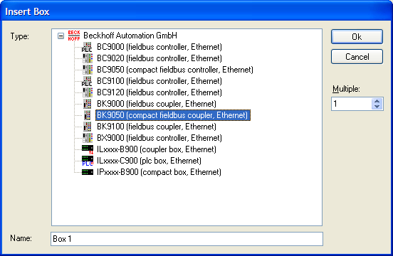 3. Z gałęzi I/0 Configuration I/O Devices Device 1 (Virtual-Ethernet) wywołać Append Box i dodać BK9050. 4. Dla gałęzi Box 1 (BK9050) wybrać zakładkę IP Address i wpisać IP: 172.16.1.102.